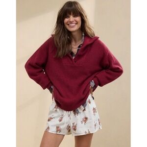 NWOT Aerie CozyUp Oversized Waffle Button Sweater L Knit Collared Burgundy Red